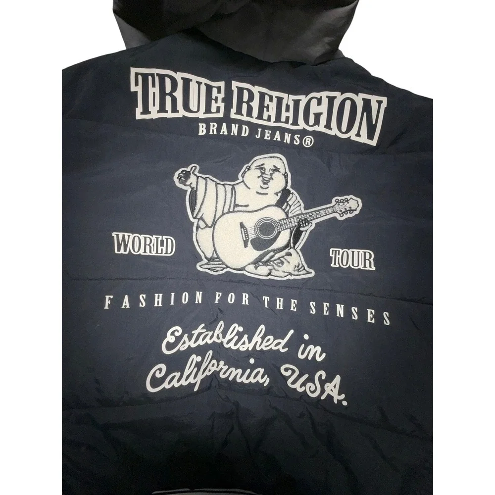 True Religion World Tour Puffer Varsity Jacket Hooded Navy Grey Mens Y2K XL‎